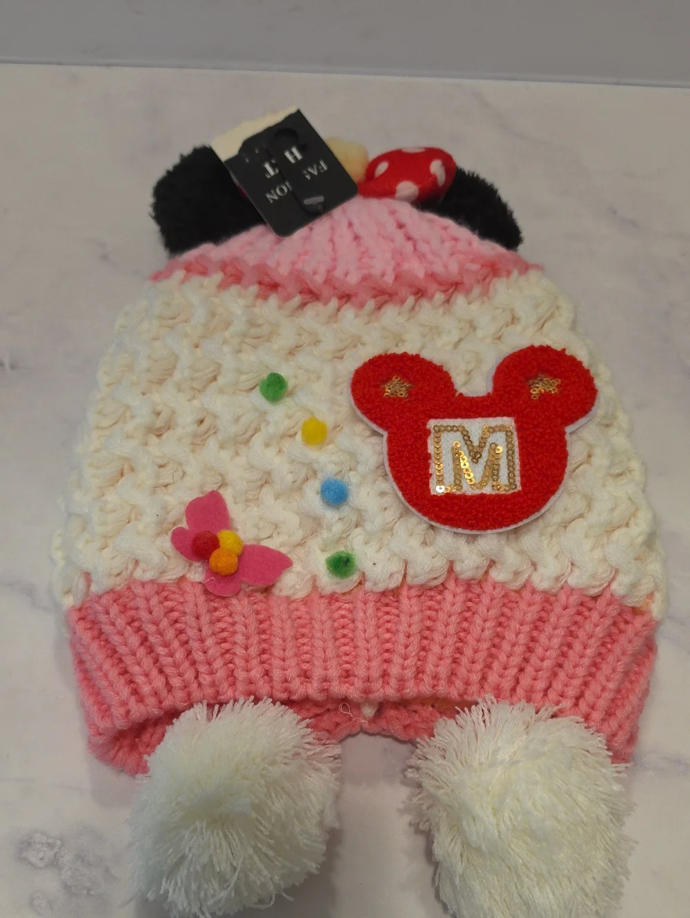 Isabella Kids Pink and White Knit Beanie with Red Mickey Patch Brand New